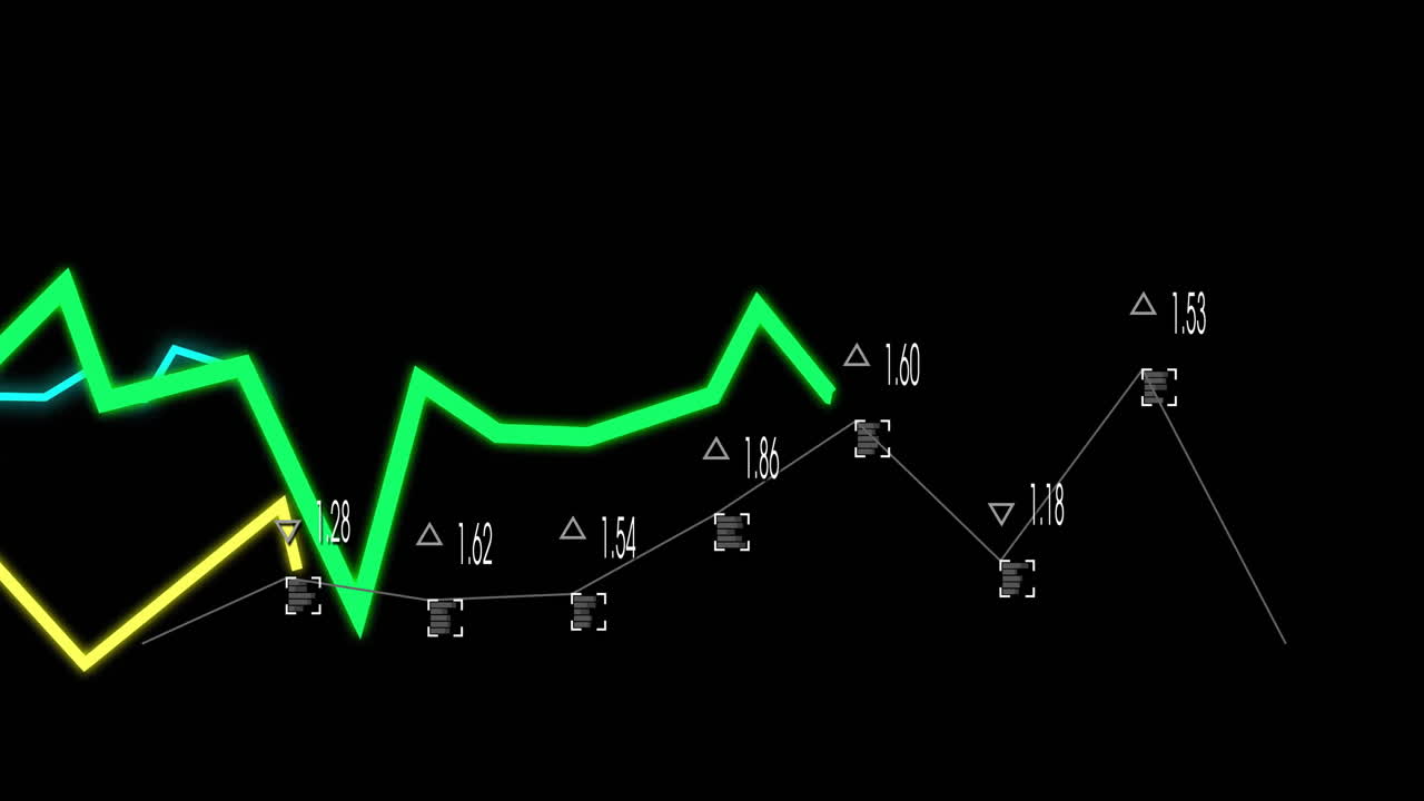 datos financieros y animación de la tendencia del mercado de valores con líneas verdes y amarillas