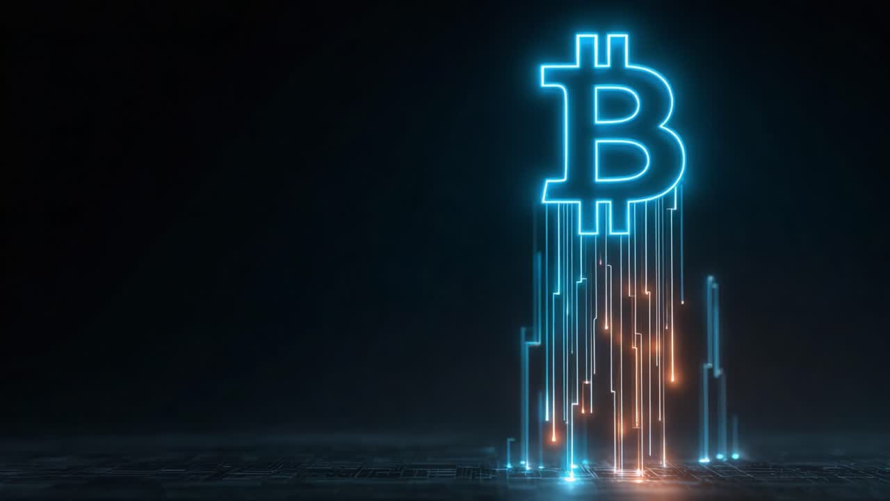 Illuminated Bitcoin Symbol Rising from a Digital Landscape, Representing Cryptocurrency Innovation and Financial Futures