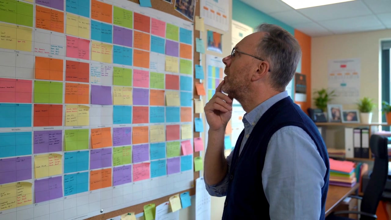 Man Studying A Wall Calendar Covered In Color Coded Blocks Inside A Bright Modern Office