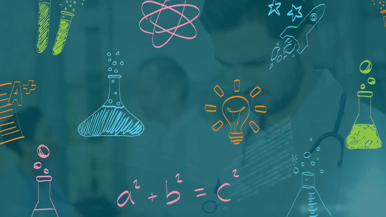 animación de procesamiento de datos e iconos de medicina sobre médico caucásico