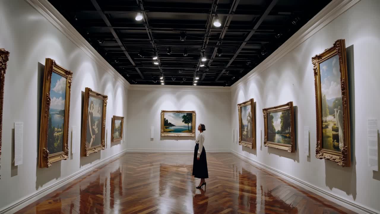 Wide-angle shot of a woman in a gallery, admiring classic paintings
