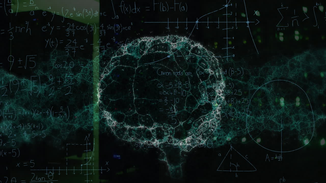 Animation of mathematical equations and digital brain over server room