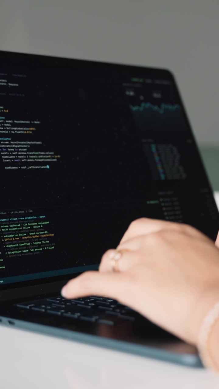 Sviluppatore software che scrive codice su laptop.