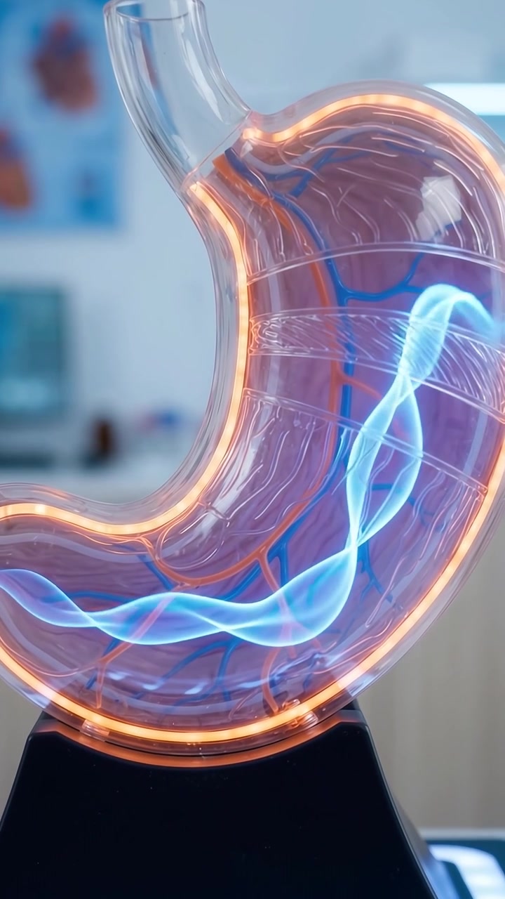 Anatomical Model of Human Stomach with Glowing Internal Pathways