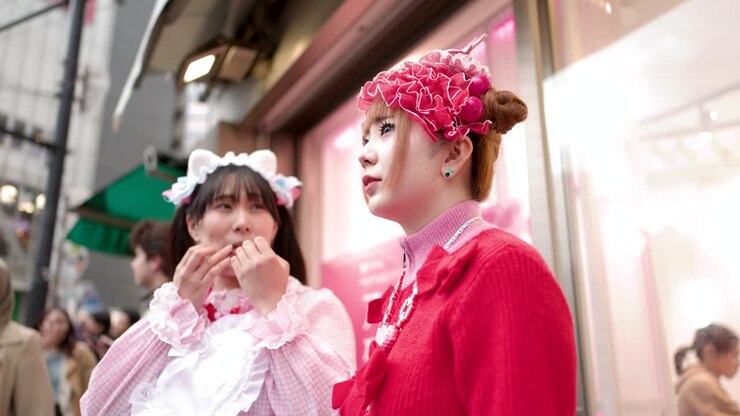 Due donne che indossano costumi di moda Lolita rosa stanno in piedi e parlano su una strada trafficata.