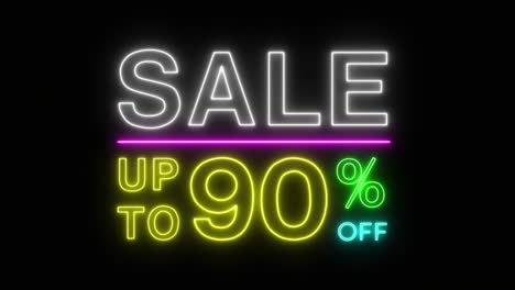 parpadeo de venta hasta un porcentaje de descuento colorido neón llama señal de movimiento pancarta en fondo negro para promover el video. concepto de promoción serie de venta de marca 10-90%