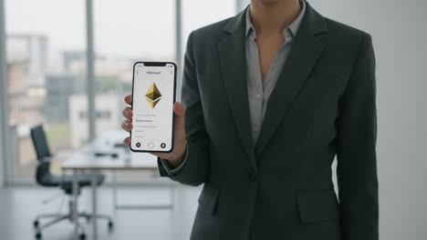 professional display of digital currency on mobile device: a close-up of a businessperson showcasing cryptocurrency in a modern office setting