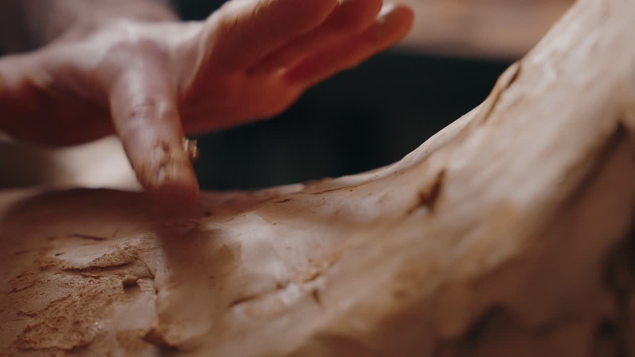 Close up of fingers smoothing clay sculpture surface in warm natural light