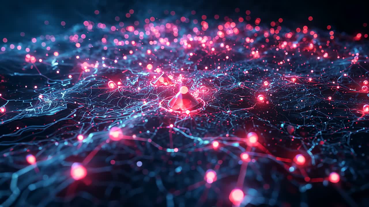 Initializing camera in digital grid, capturing pulsing red conical node cluster with rings of data