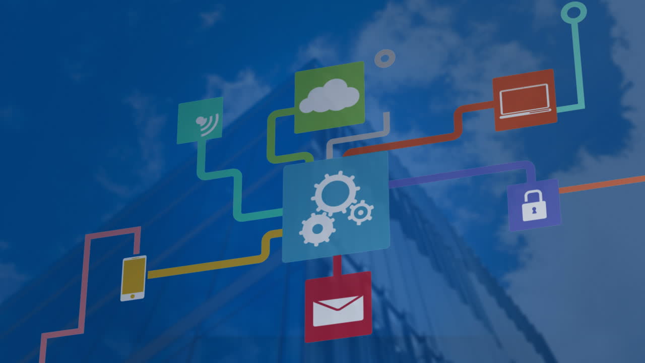 animación de una red de iconos digitales sobre edificios altos contra las nubes en el cielo.