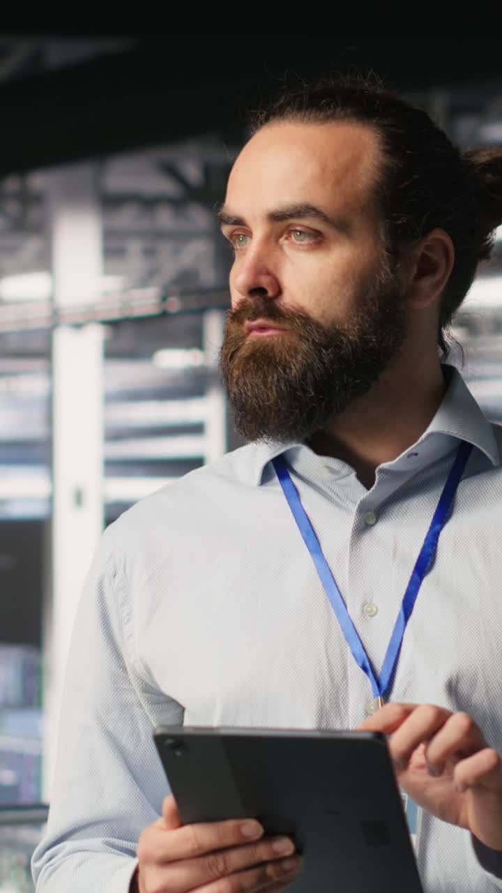 Vertical video Computer scientists in data center monitoring neural network LLM visualization