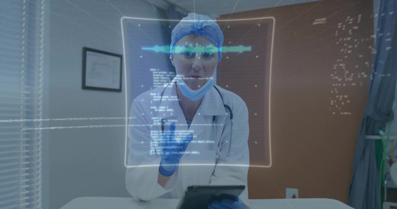 Medico che tocca il tablet e avvia grafici olografici, manipolando pannelli di dati per la diagnosi.