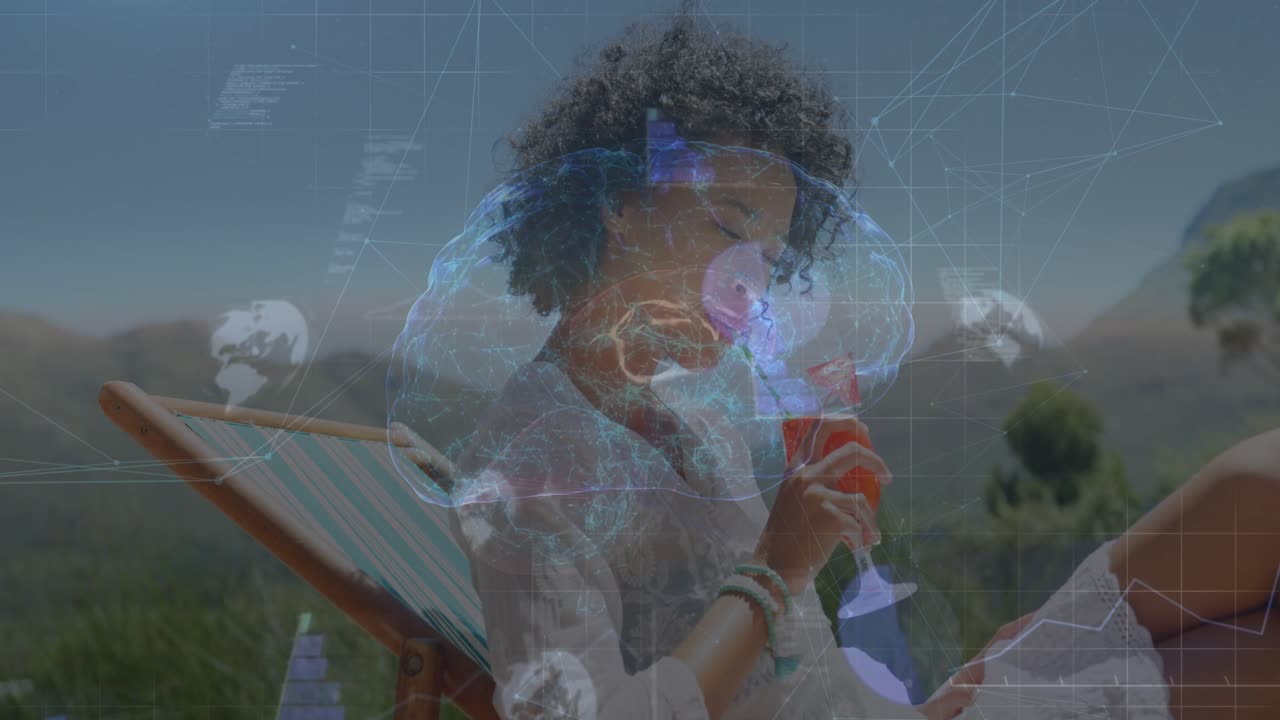 Animation of brain, globes and data processing over woman drinking cocktail on beach
