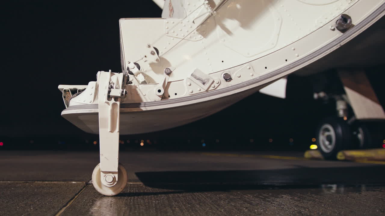 Passenger aircraft cabin entry door being lowered and dropping on wet airport apron surface in dark night