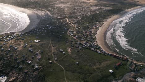 Aerial-Drone-Fly-Above-Cabo-Polonio-Hamlet,-Uruguayan-Coast-in-Rocha