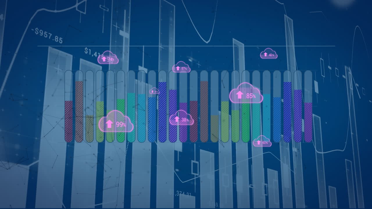 Animation of clouds with numbers over graphs and data on blue background
