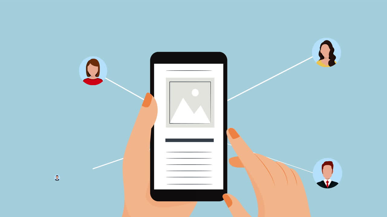 animación de una persona que usa un teléfono inteligente y iconos de redes de personas