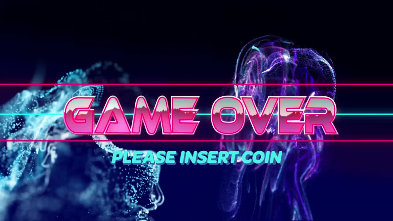 animación del juego sobre banner de texto sobre ondas digitales de luz azul contra un fondo púrpura