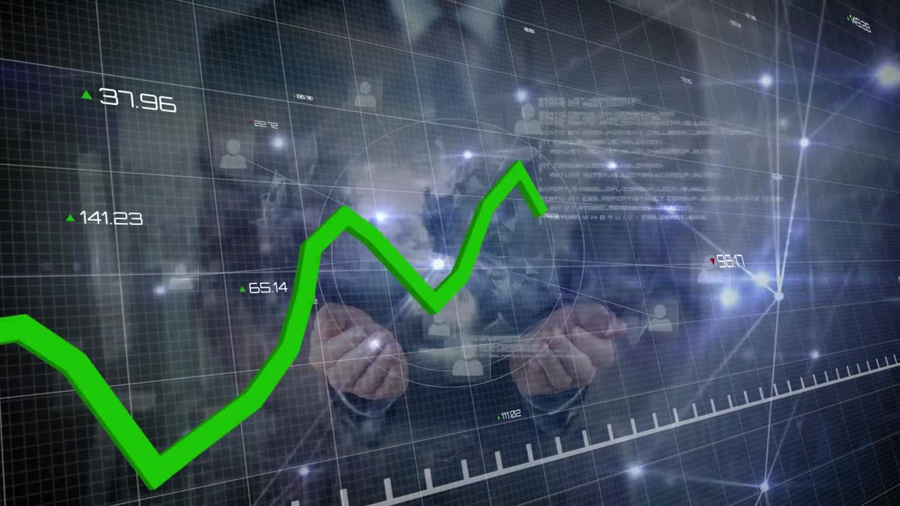 animación de la línea verde y procesamiento de datos sobre el mundo de negocios caucásico