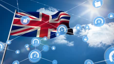 Animation-of-network-of-connection-and-icons-over-uk-flag-and-cloudy-sky