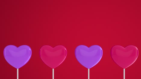 corazones rosados púrpuras en palos blancos en un fondo aislado rojo. muévese a la izquierda y gire. copie el espacio. símbolos de amor, como, mujeres felices, madre, valentín, cumpleaños. bucle de animación 3d de 4k