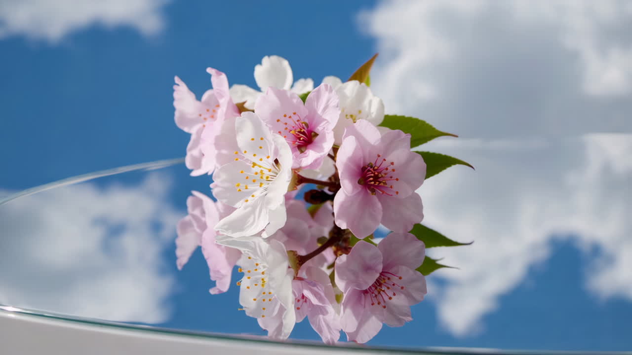 Cherry blossoms reflection against a blue sky