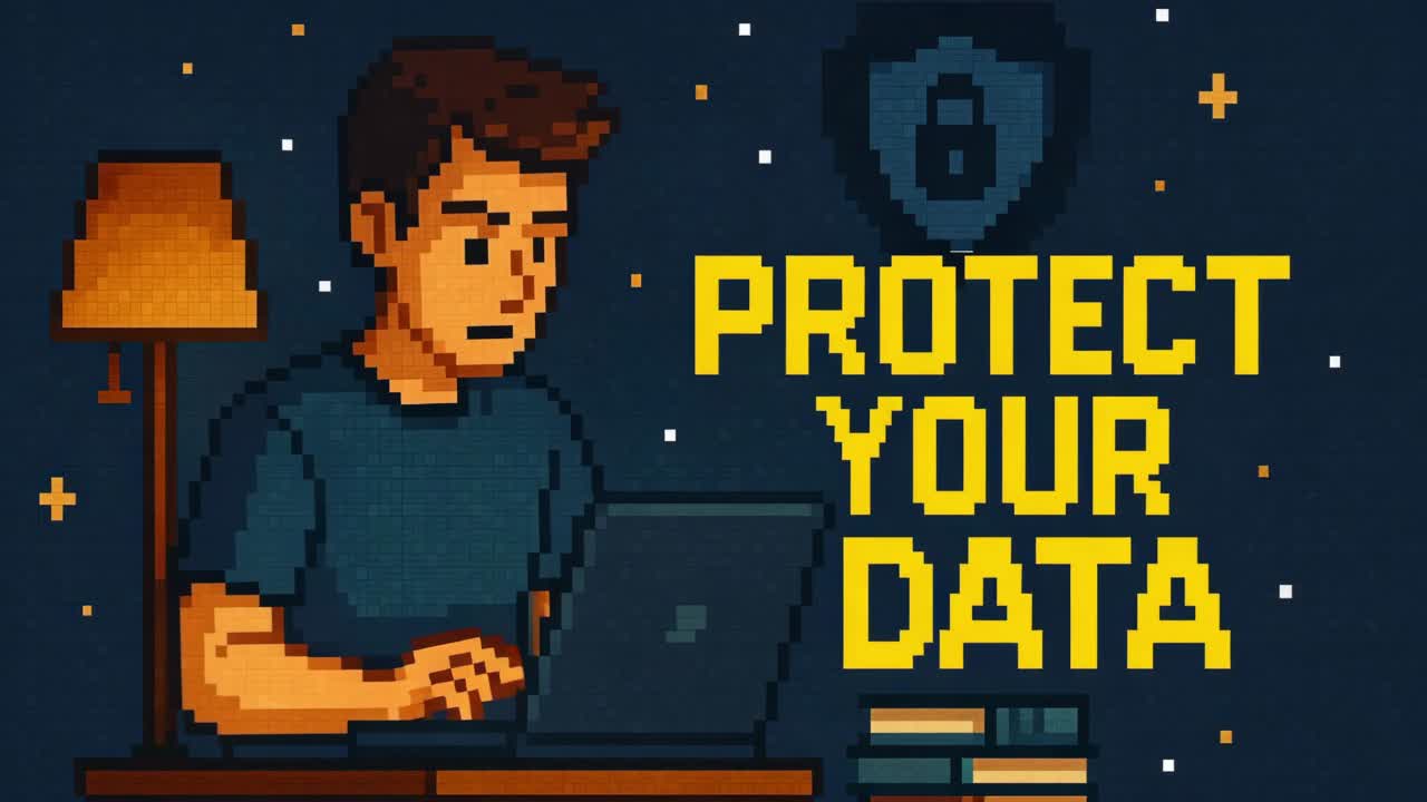 Young man engaged in cybersecurity awareness, focused on laptop screen, illuminated by lamp, emphasizing importance of protecting personal data in digital environment