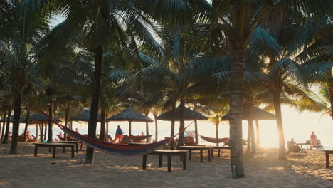 puesta de sol tropical en la playa con hamacas