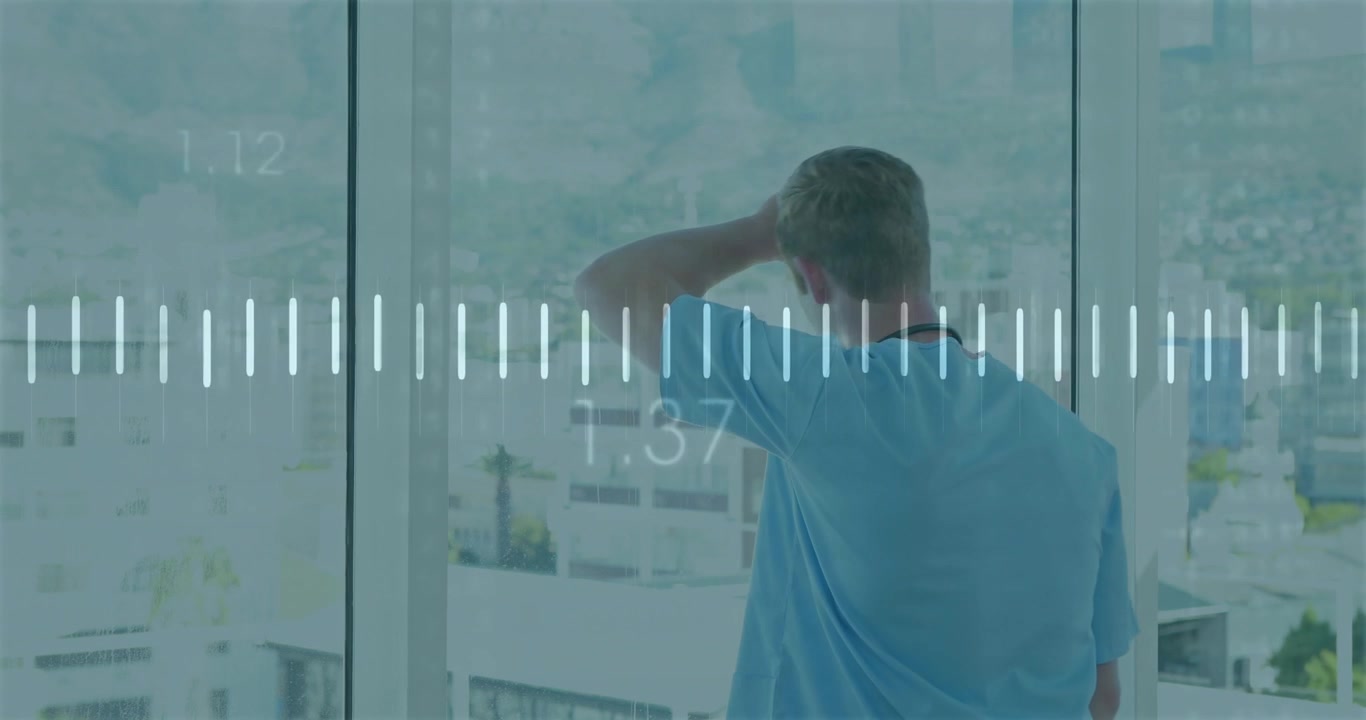 Man entering glass wall, touching back of neck, waveform animating in response for tech analytics