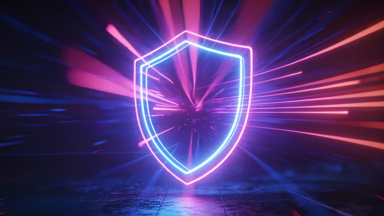 Pulsing neon shield with cyan pink glow reacting to sweeping light on wet floor, making reflections