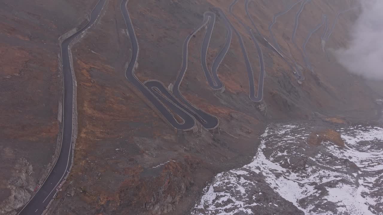 Curvy Stelvio mountain road, aerial view in Italy-Switzerland region