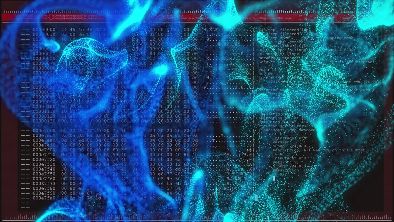 Root-Eingabeaufforderung erscheint, Netz blendet aus, wellt sich, Hex-Streams scrollen und visualisieren den Datenfluss.