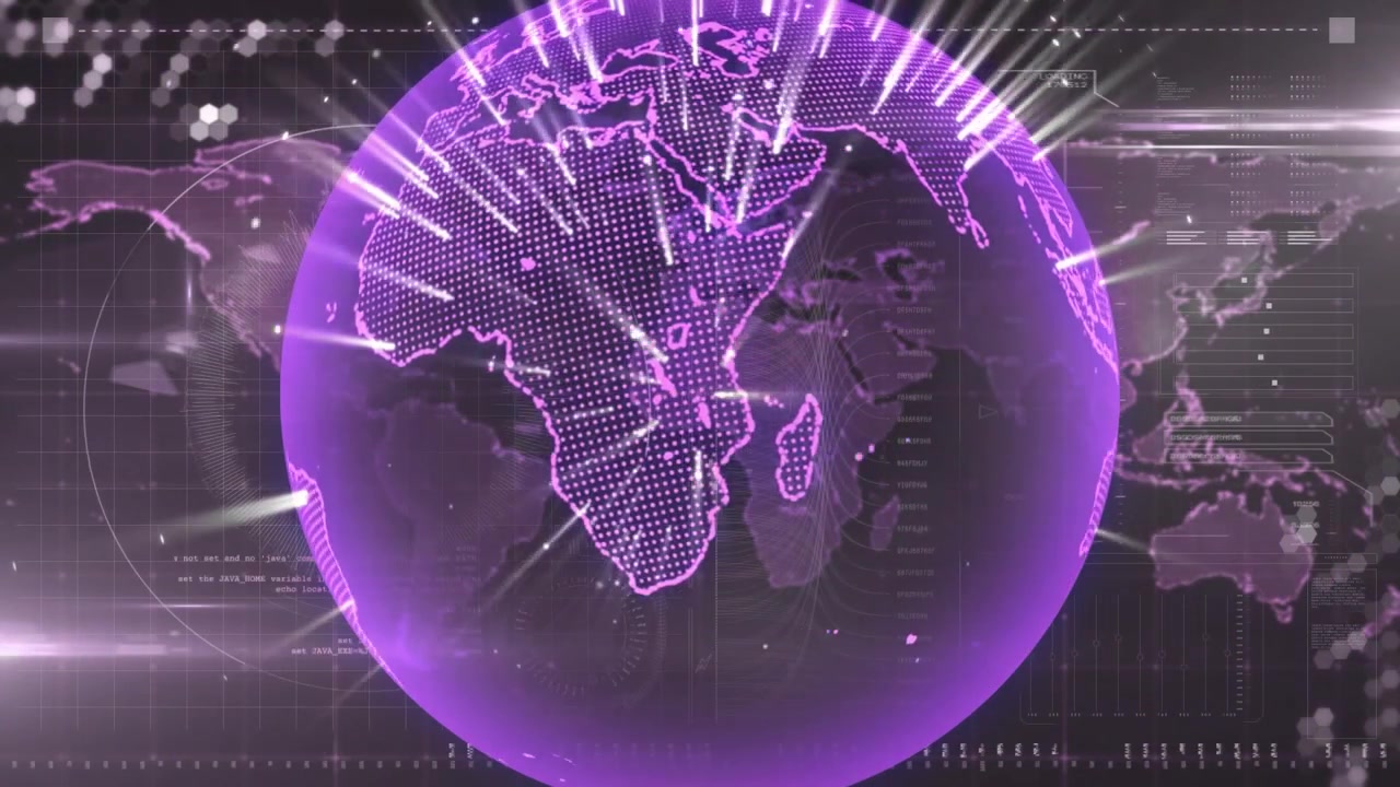 Purple digital globe radiating glowing dotted continents and light beams over grid HUD interface