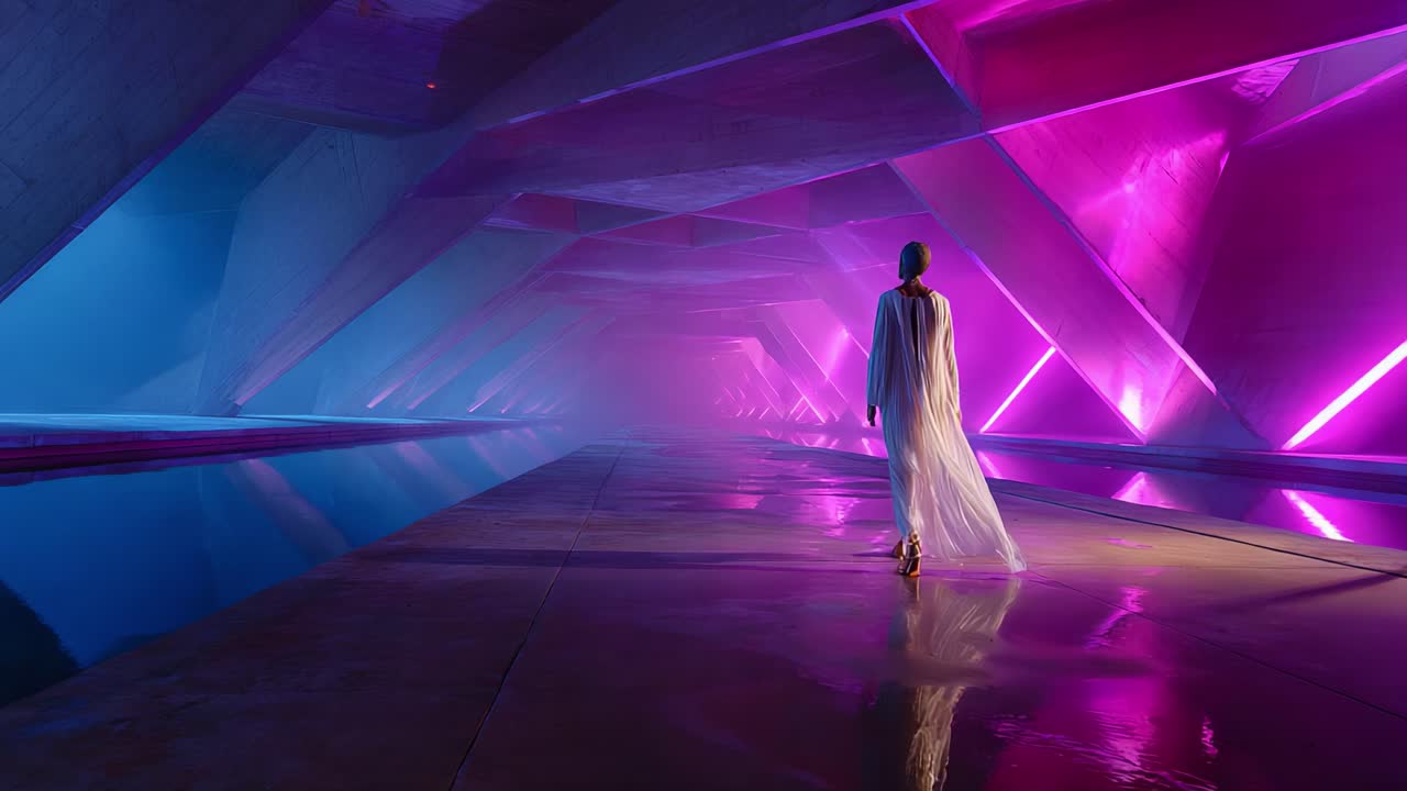 A lone figure in a flowing garment stands under dynamic lighting, strolling through a futuristic corridor filled with vibrant colors and reflective surfaces, creating a mesmerizing ambiance