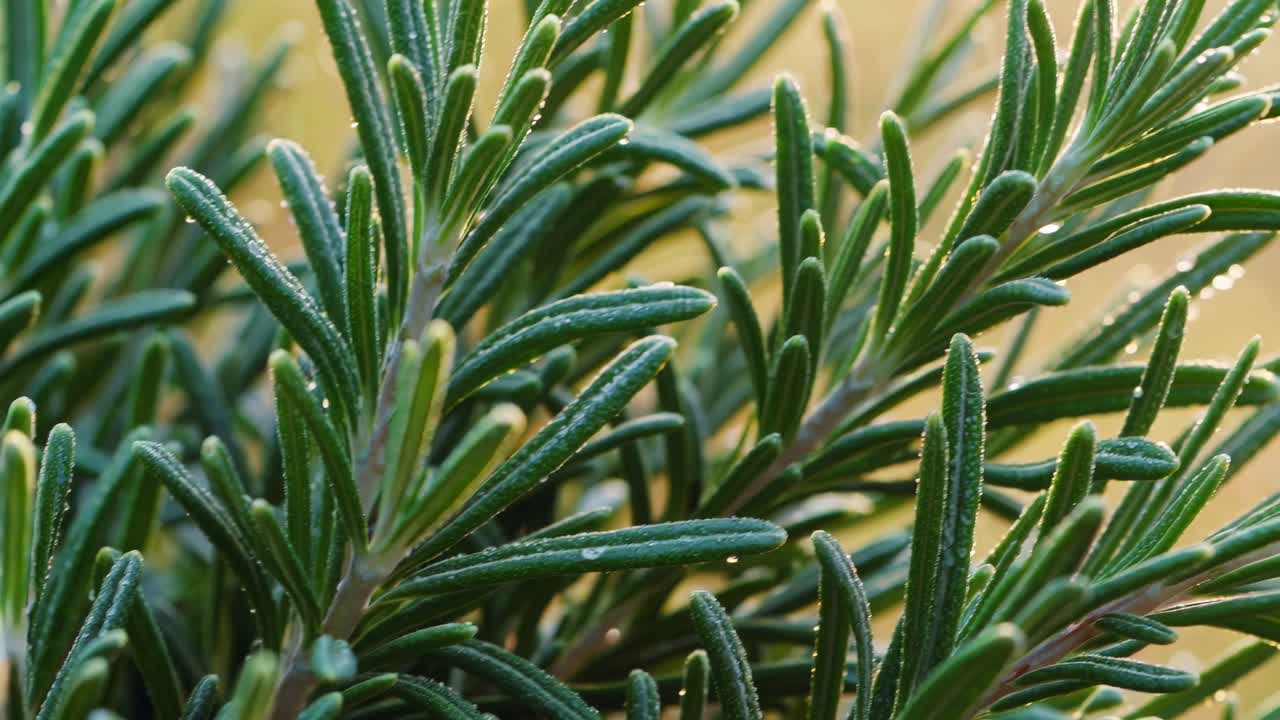 Close-up video of dew-covered rosemary leaves, captured at an eye-level angle