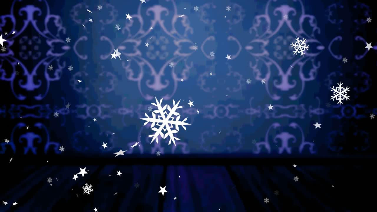 animación de copos de nieve de navidad cayendo sobre un fondo decorativo azul