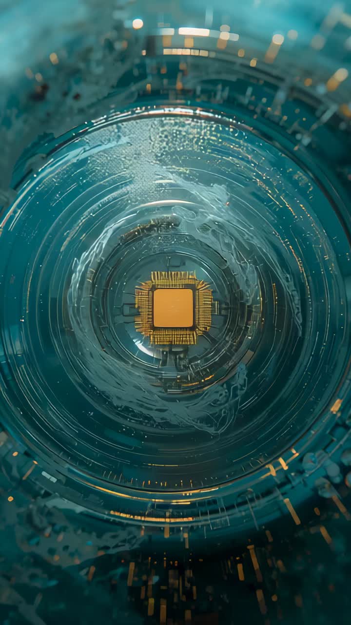 Vertikal video: Aktiverat mikrochip som avger glödande partiklar och rörlig tjock vätska inuti en modul.