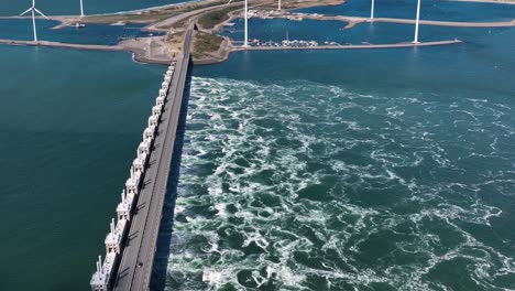 toma aérea de un dron de la barrera contra la marejada ciclónica en el deltawerken en zelanda, países bajos