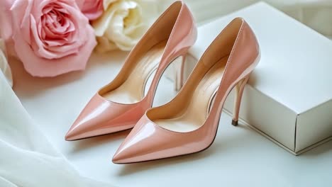 elegant pink high heels with roses and gift box