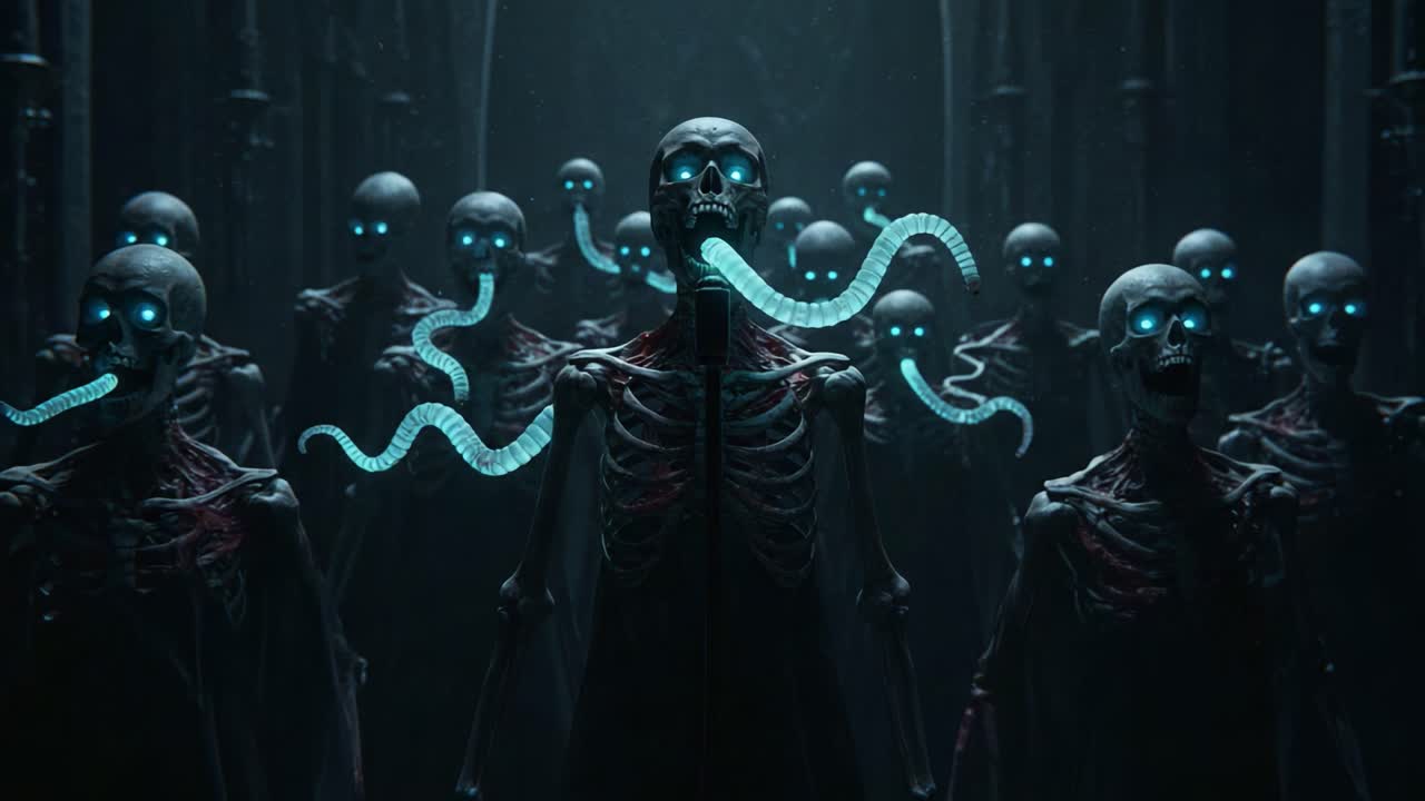 A Haunting Gathering of Skeletal Figures with Glowing Eyes, Emanating Sinister Snakes in a Dark, Mysterious Environment that Evokes Eerie, Macabre Imagery