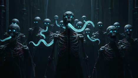 a haunting gathering of skeletal figures with glowing eyes, emanating sinister snakes in a dark, mysterious environment that evokes eerie, macabre imagery