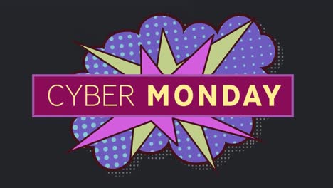 Digitale-Animation-Eines-Cyber-Monday-Textbanners-über-Einer-Retro-Sprechblase-Vor-Schwarzem-Hintergrund