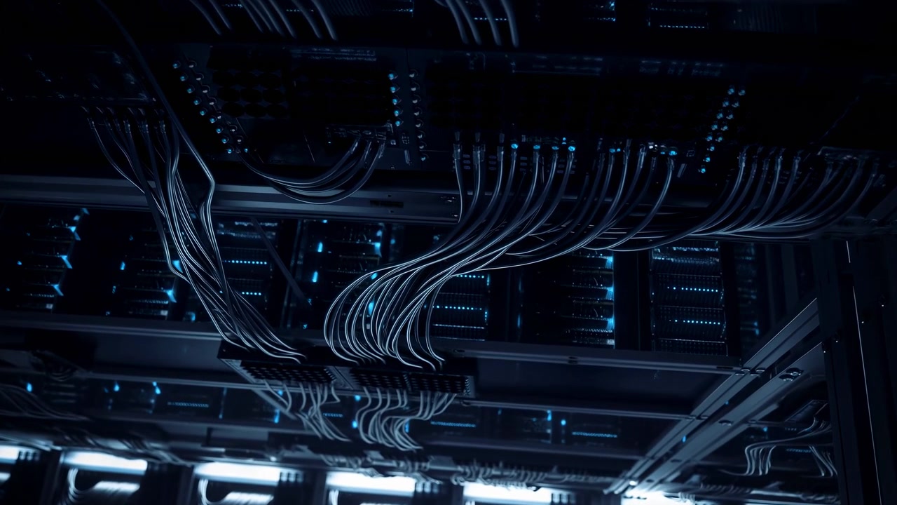 Low-angle close view beneath server racks showing dense routed network cables looping into patch panels, mounted hardware, metal support structure, and cool blue lighting inside data center