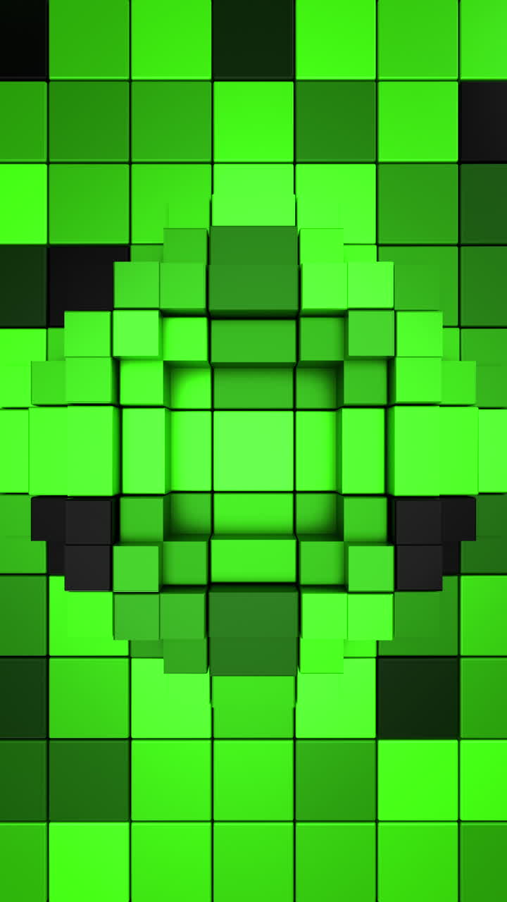 Green 3D Pixel Grid Vertical Background with Dynamic Wave Motion Loop. 3D rendering