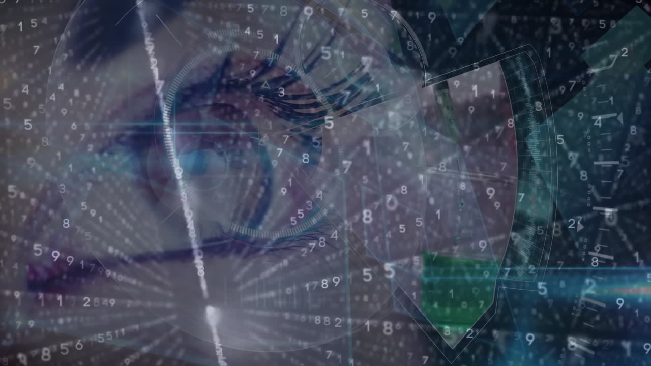 Animation of eye with digital numbers and geometric shapes, suggesting data analysis