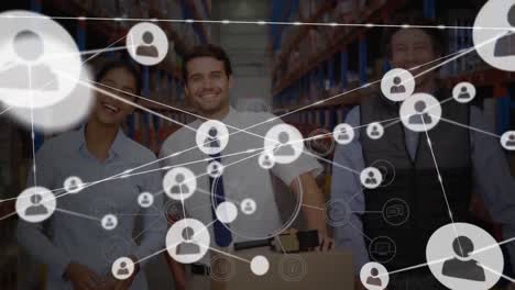 Animation-of-network-of-profiles-over-portrait-of-male-and-female-supervisors-smiling-at-warehouse