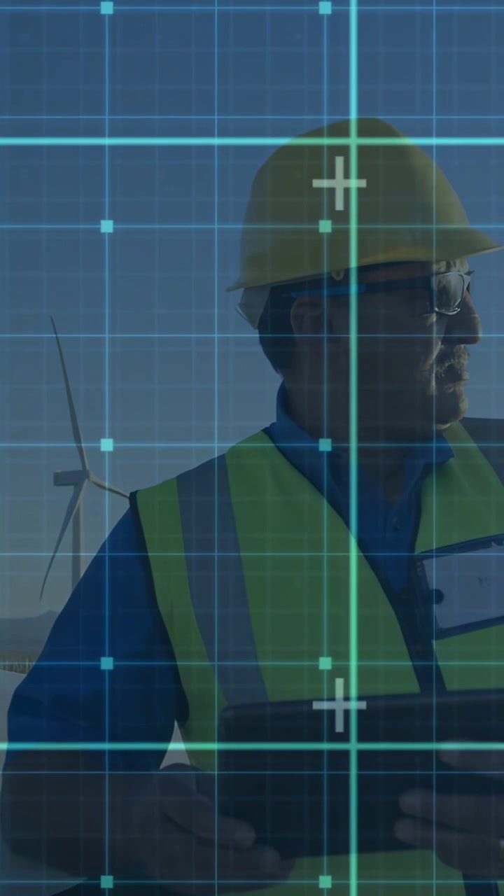 Video vertical: Tableta activando una cuadrícula de RA, técnico de campo escaneando turbinas, registrando datos para verificaciones.
