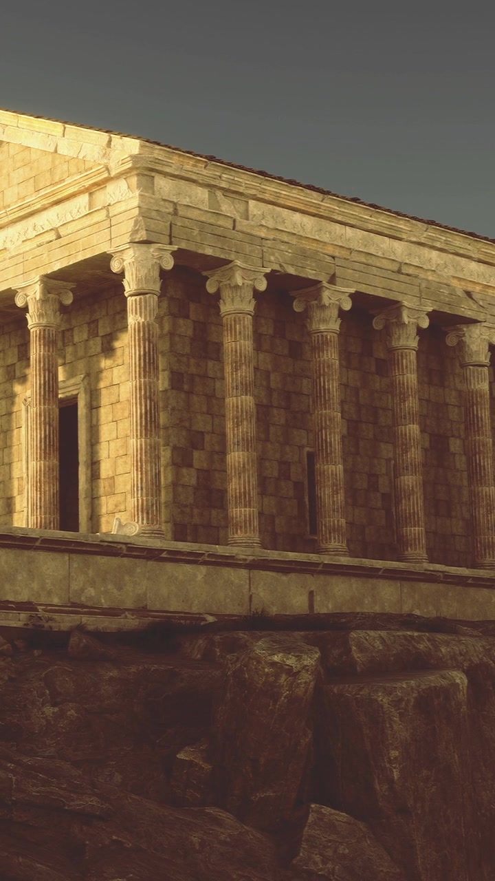 Un templo antiguo se alza majestuoso contra el cielo crepuscular en un paisaje sereno.