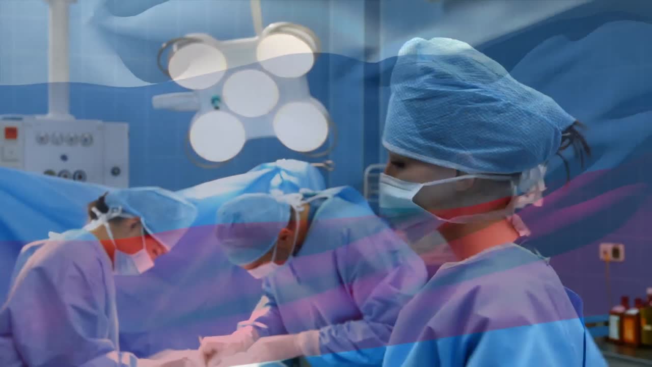 animación de la bandera de rusia ondeando sobre los cirujanos en el quirófano