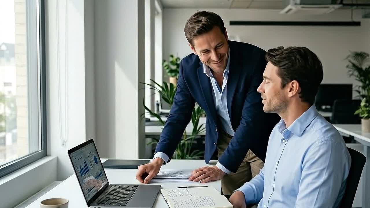 To forretningsmenn samarbeider og diskuterer data på bærbar PC på et moderne kontor